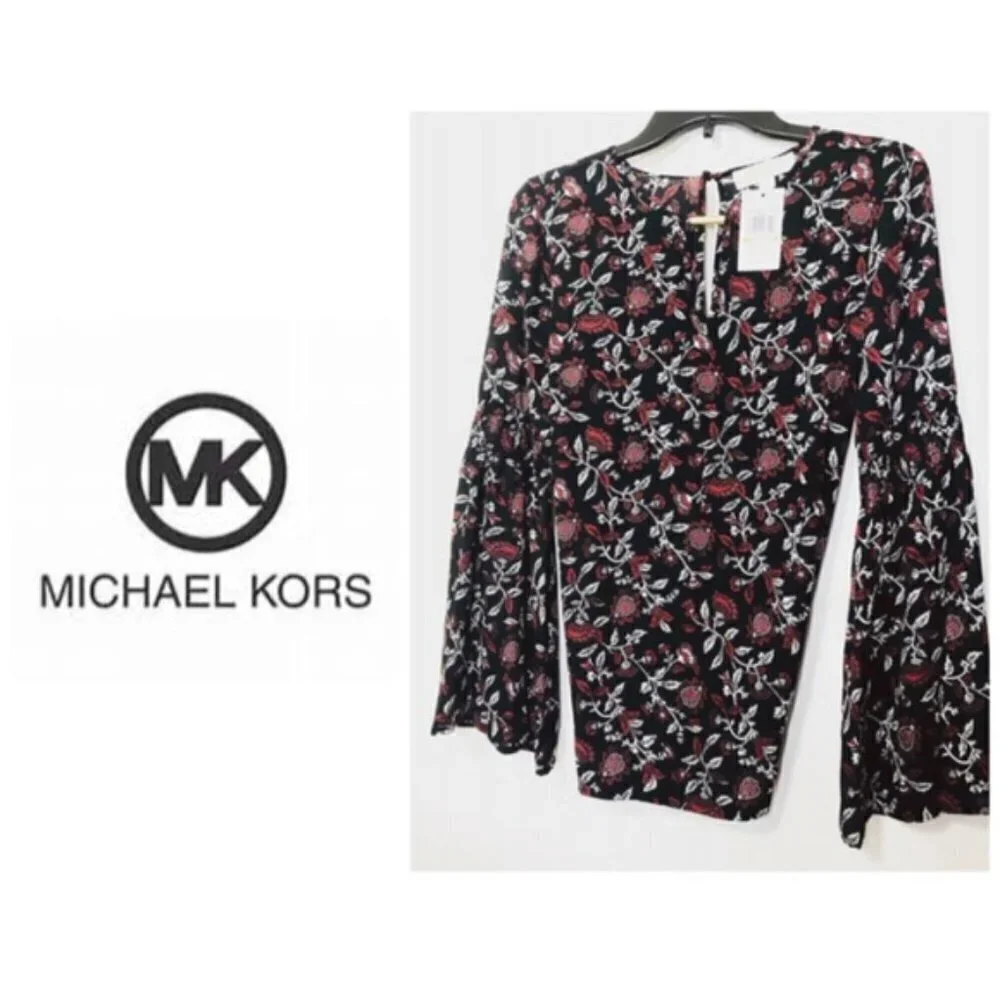 Michael Kors Womens Black Floral Long Bell Sleeve Peasant Blouse Sz M New